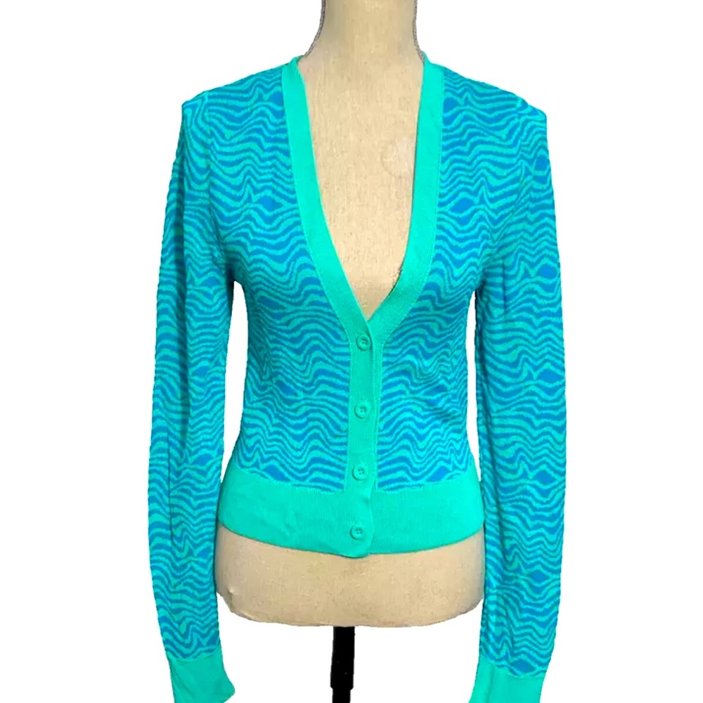 New Zara Blue Turquoise Waves Jacquard Zebra Print Knit Cropped Cardigan - Picture 10 of 13